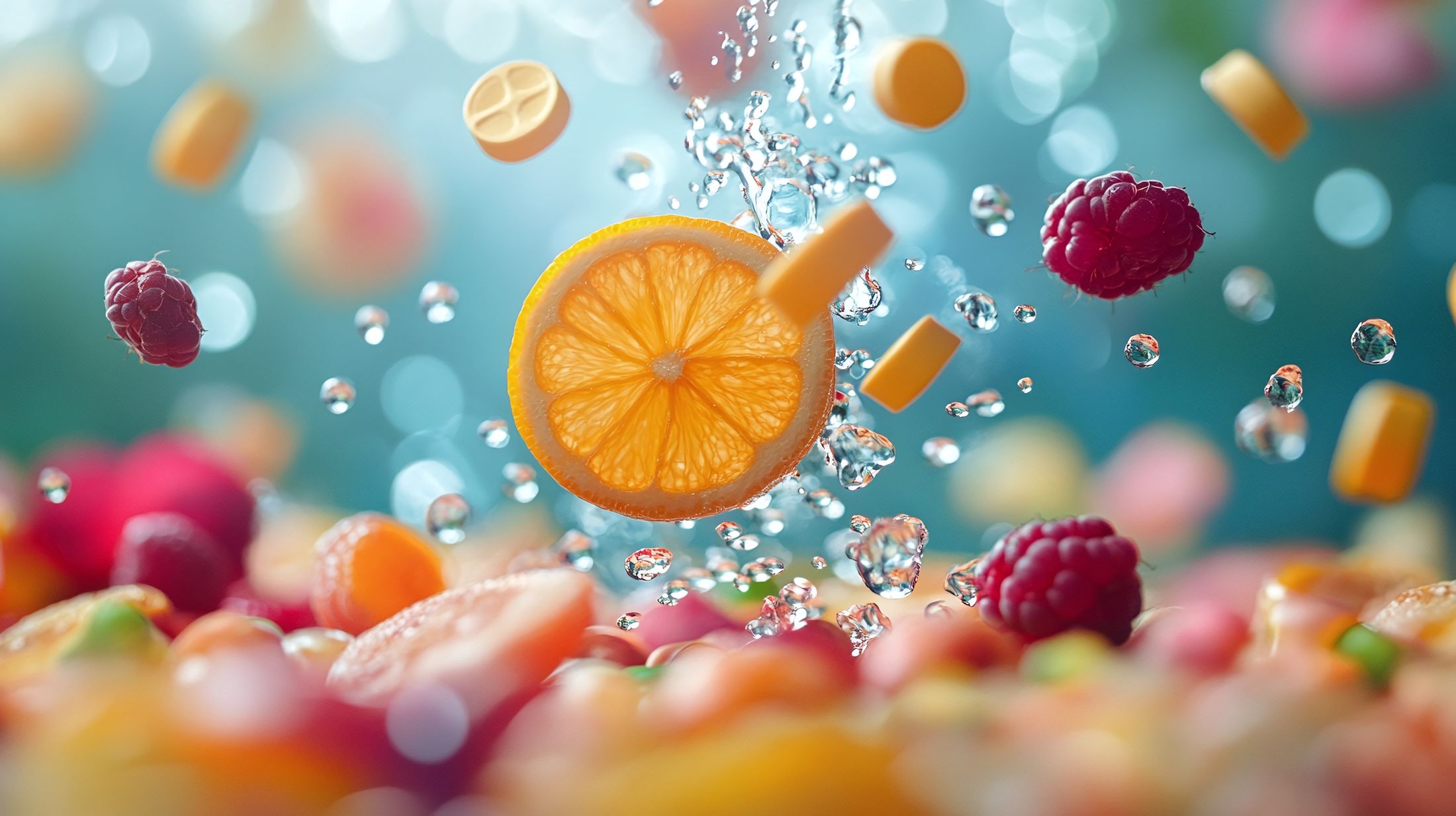 Colorful fruits splashing in water droplets.
