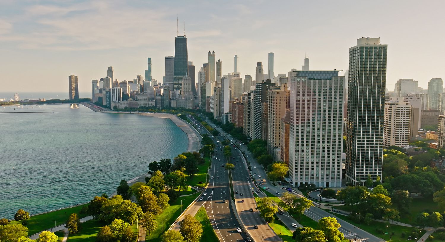 Chicago skyline next to Lake Michigan.